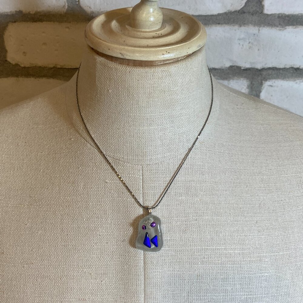Fused Glass Pendant and Silver Necklace - Clear Glass with Blue and Purple